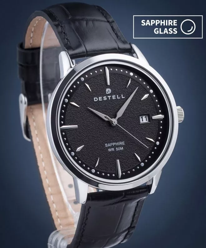 Hodinky pánske DESTELL Pictor Black Silver Leather Sapphire PT405-15-201L