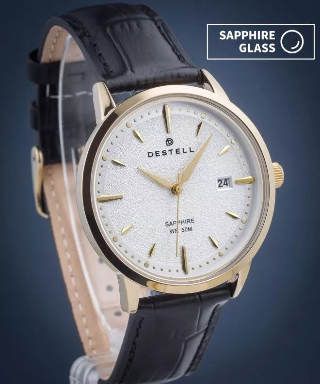 Hodinky pánske DESTELL Pictor Silver Gold Black Leather Sapphire PT404-55-201L