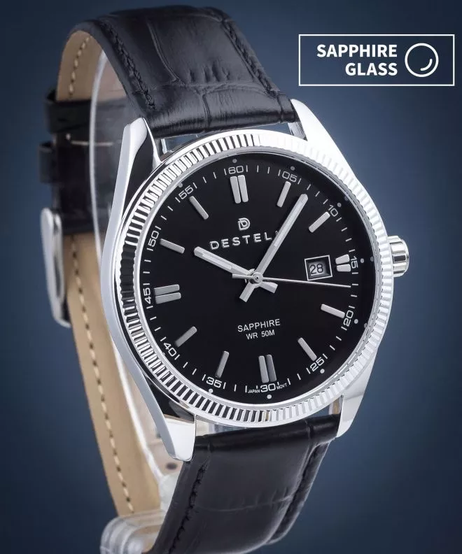 Hodinky pánske DESTELL Loup Black Silver Leather Sapphire LU3855-15-201L