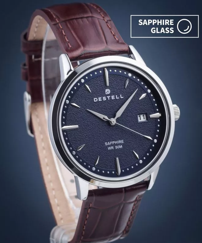 Hodinky pánske DESTELL Pictor Blue Silver Brown Leather Sapphire PT405-35-209L