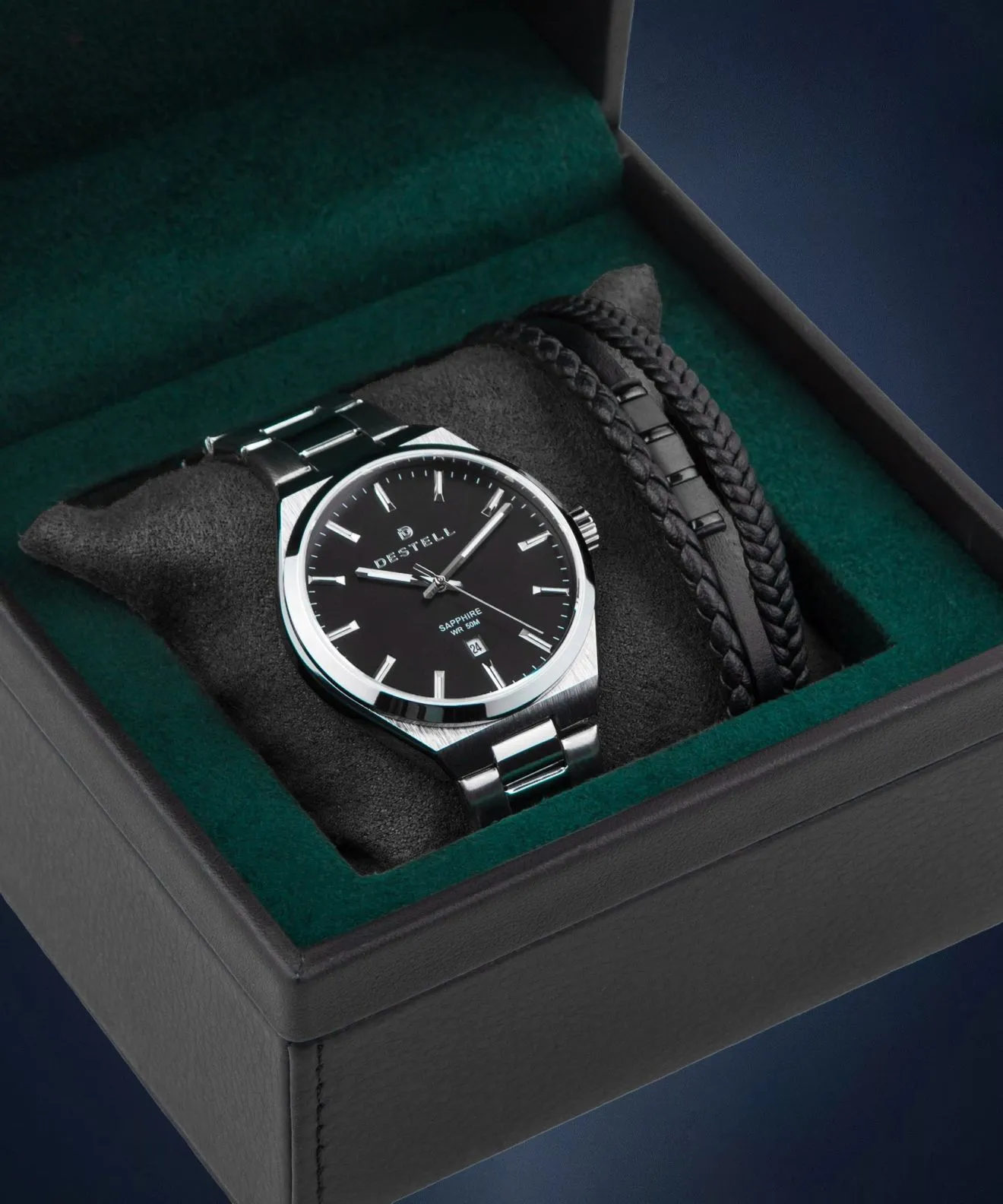 Hodinky pánske DESTELL Aries Black Silver Steel Sapphire Gift Set AR405-15-205S-1120-04