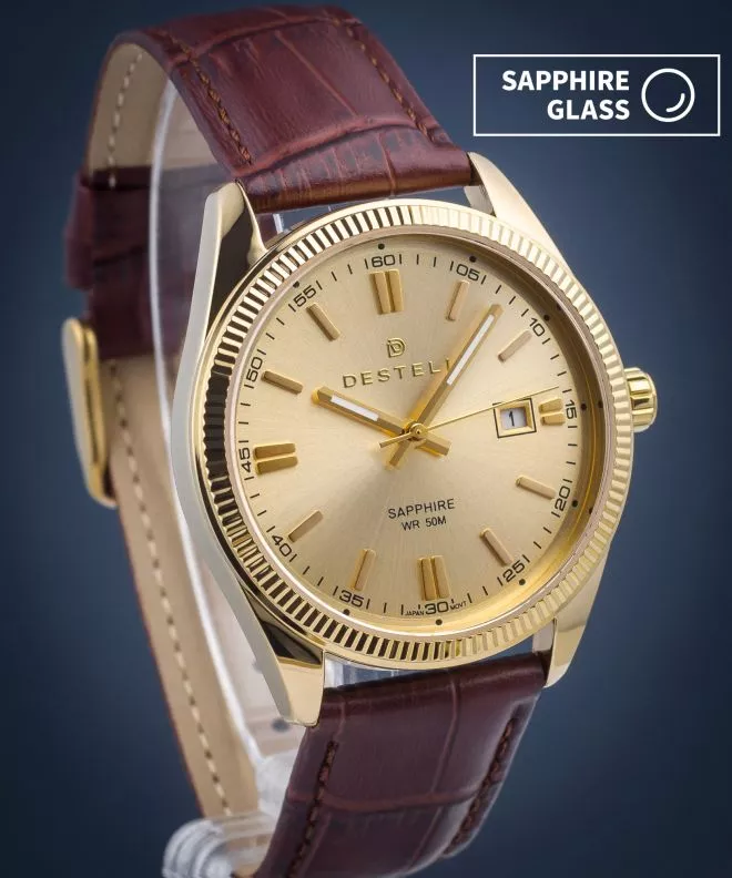 Hodinky pánske DESTELL Loup Gold Brown Leather Sapphire LU3854-44-209L