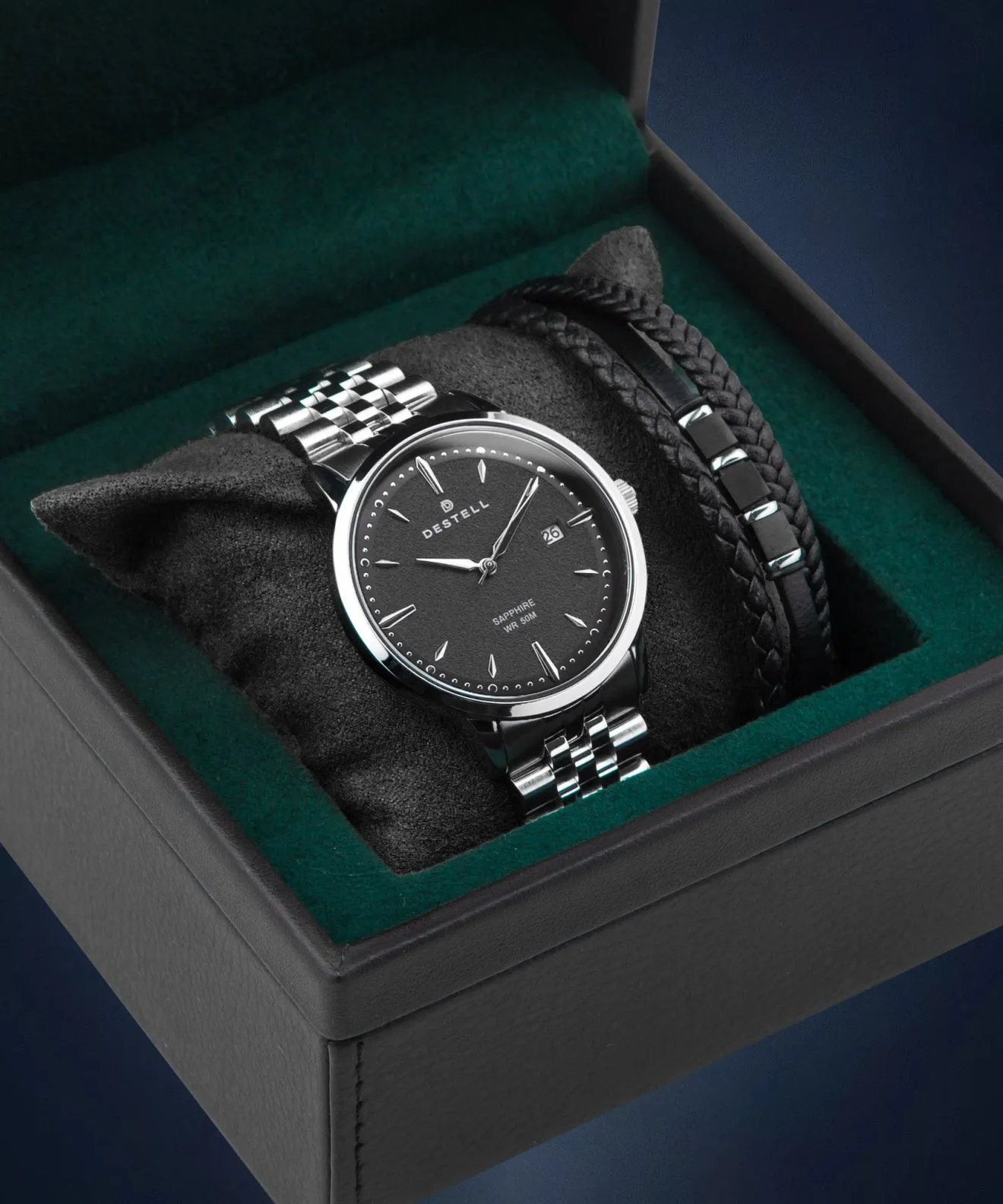 Hodinky pánske DESTELL Pictor Black Silver Steel Sapphire Gift Set PT405-15-205J-1520-03