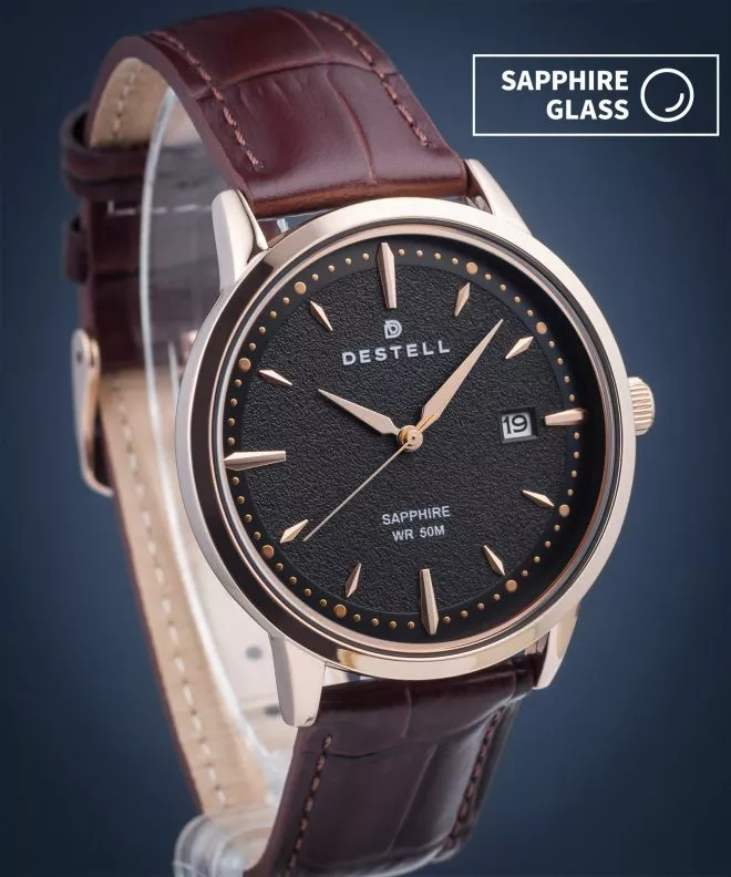 Hodinky pánske DESTELL Pictor Black Rose Gold Brown Leather Sapphire PT407-17-209L