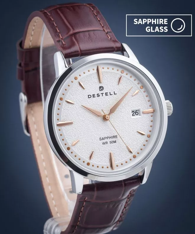 Hodinky pánske DESTELL Pictor Silver Brown Leather Sapphire PT405-57-209L
