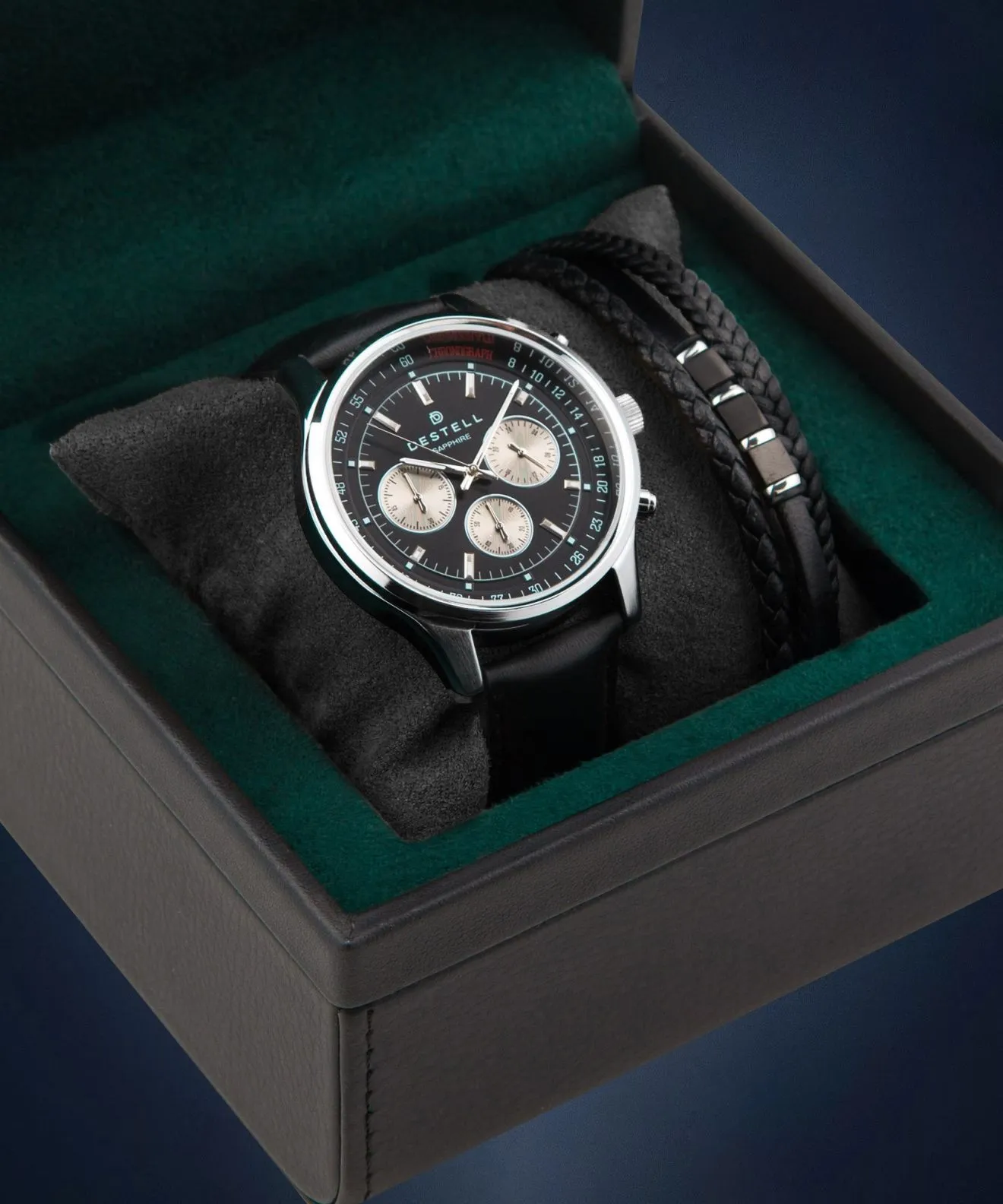 Hodinky pánske DESTELL Circinus Black Silver Leather Chronograph Sapphire Gift Set CR415-15-201L-1520-03