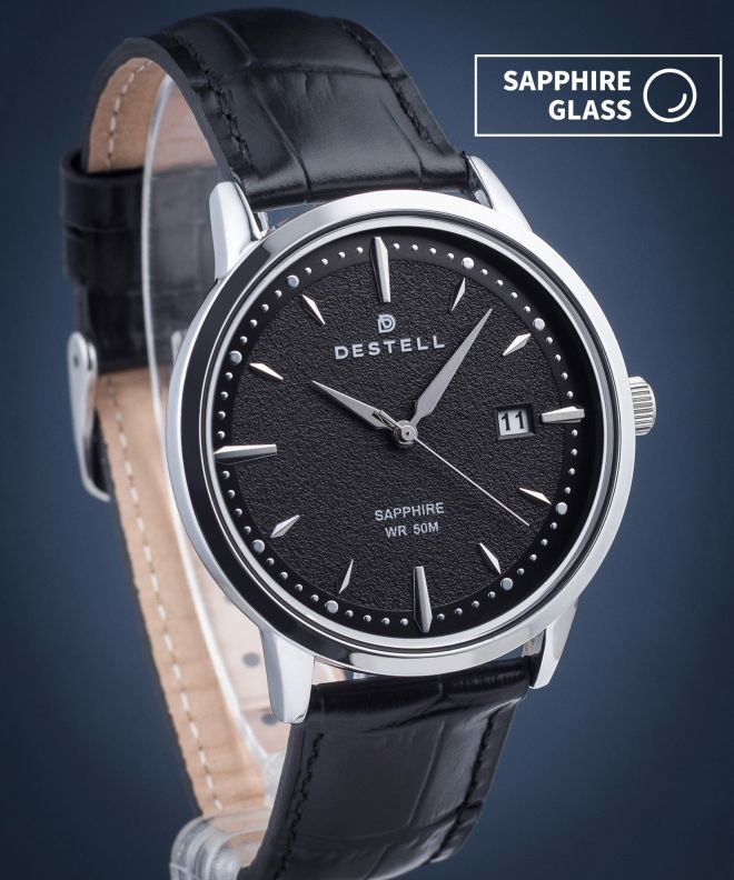 Hodinky pánske DESTELL Pictor Black Silver Leather Sapphire PT405-15-201L