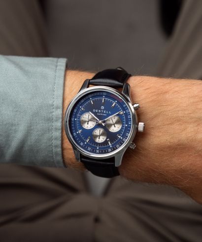 Hodinky pánske DESTELL Circinus Blue Silver Black Leather Chronograph Sapphire