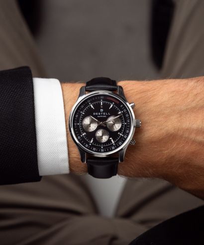 Hodinky pánske DESTELL Circinus Black Silver Leather Chronograph Sapphire