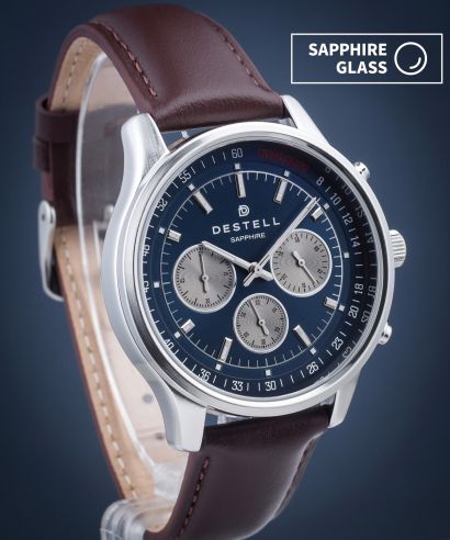 Hodinky pánske DESTELL Circinus Navy Blue Silver Brown Leather Chronograph Sapphire