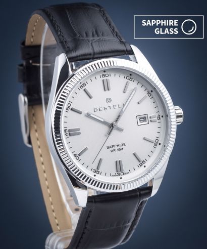 Hodinky pánske DESTELL Loup White Silver Black Leather Sapphire