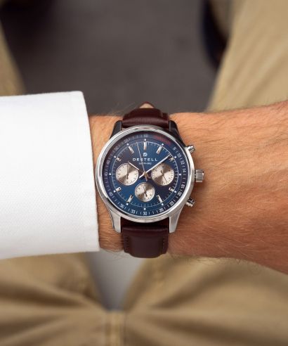 Hodinky pánske DESTELL Circinus Navy Blue Silver Brown Leather Chronograph Sapphire
