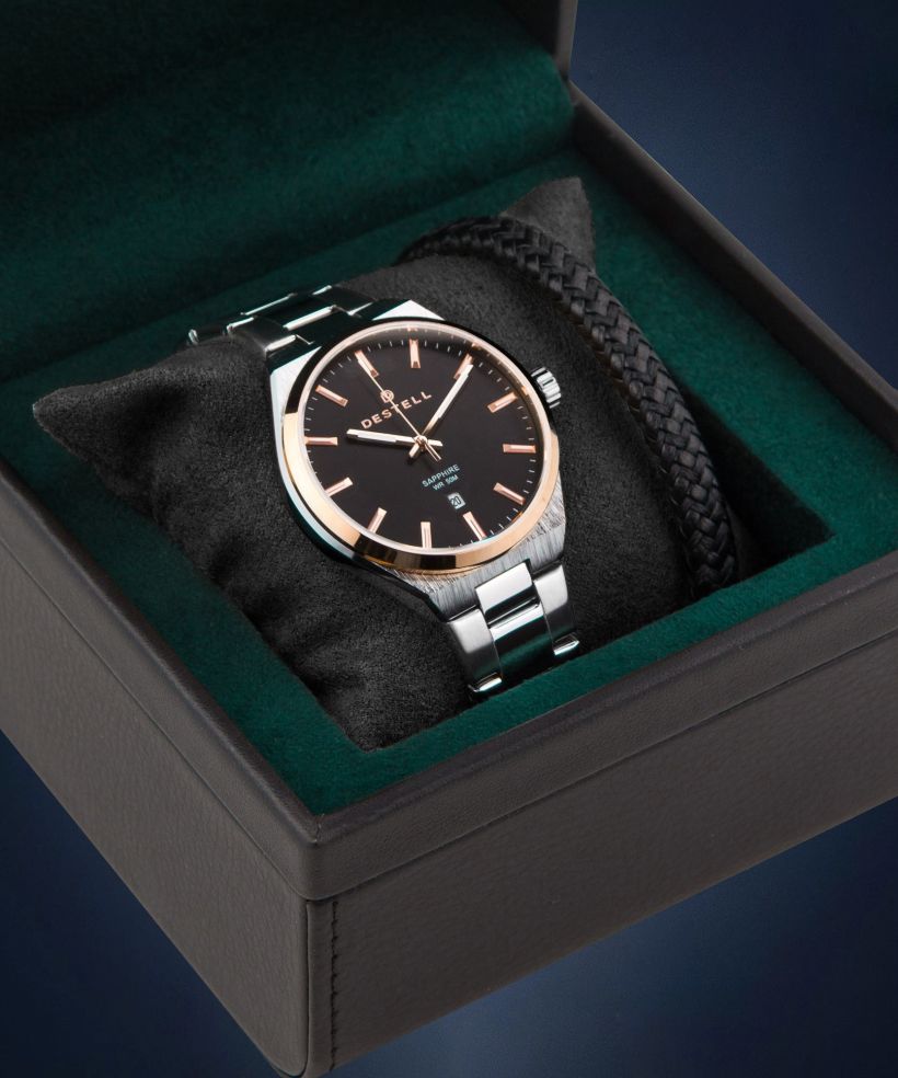 Hodinky pánske DESTELL Aries Black Silver Steel Sapphire Gift Set