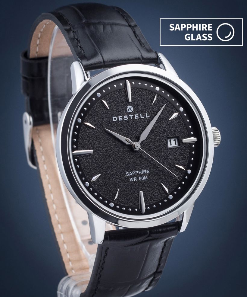 Hodinky pánske DESTELL Pictor Black Silver Leather Sapphire