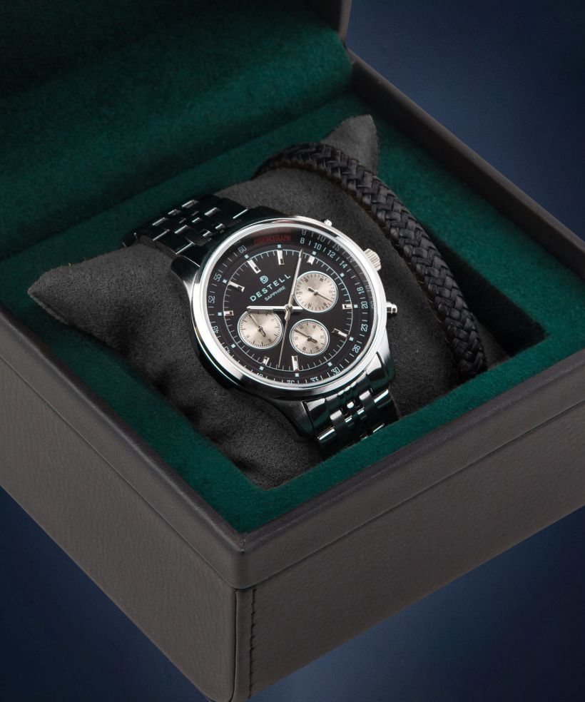 Hodinky pánske DESTELL Circinus Black Silver Steel Chrono Sapphire Gift Set