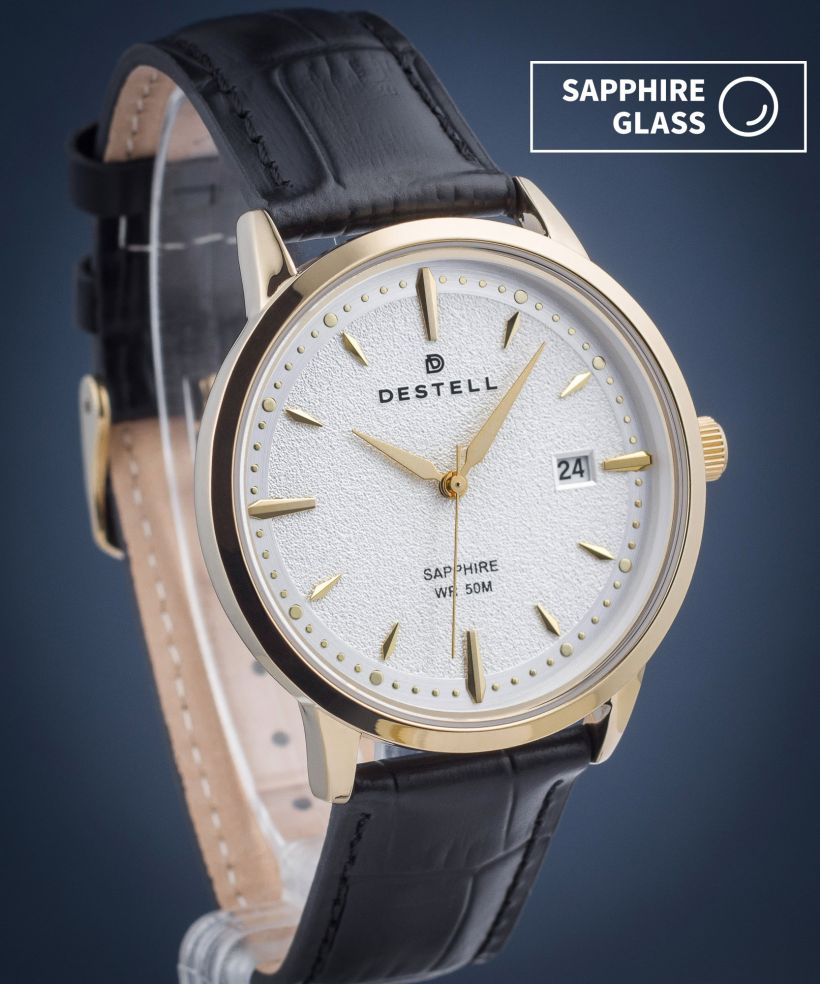 Hodinky pánske DESTELL Pictor Silver Gold Black Leather Sapphire