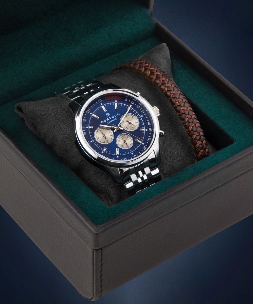 Hodinky pánske DESTELL Circinus Blue Silver Steel Chrono Sapphire Gift Set