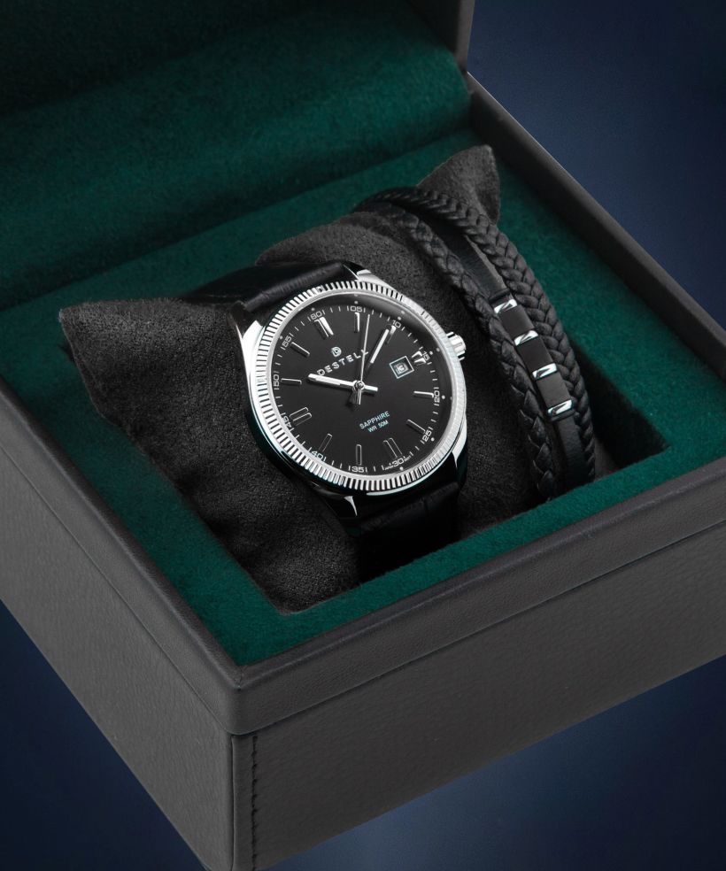 Hodinky pánske DESTELL Loup Black Silver Leather Sapphire Gift Set