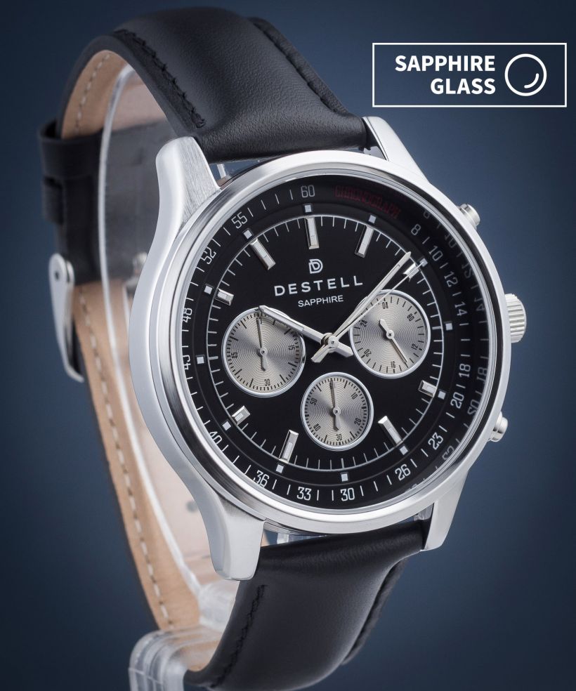 Hodinky pánske DESTELL Circinus Black Silver Leather Chronograph Sapphire