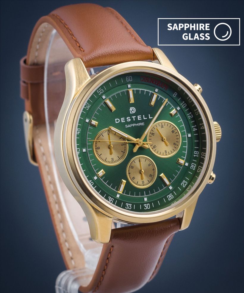 Hodinky pánske DESTELL Circinus Green Gold Brown Leather Chronograph Sapphire