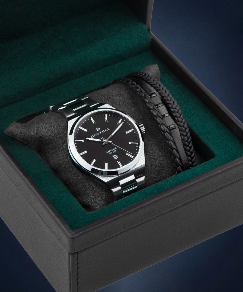 Hodinky pánske DESTELL Aries Black Silver Steel Sapphire Gift Set