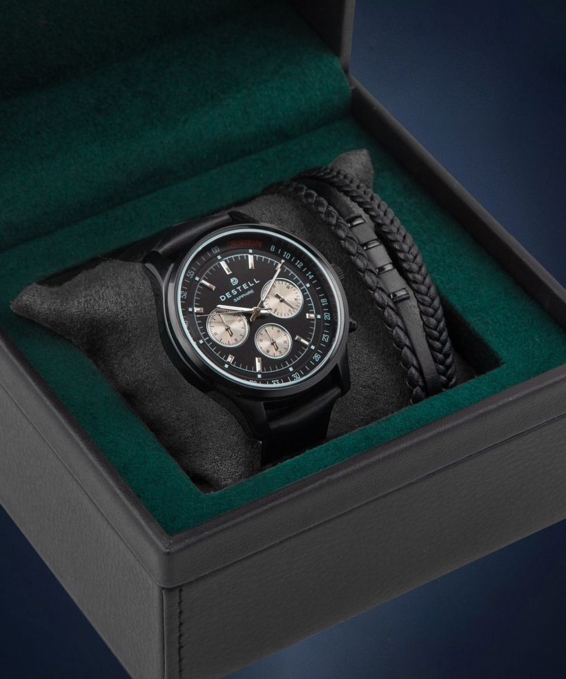 Hodinky pánske DESTELL Circinus Full Black Chrono Sapphire Gift Set