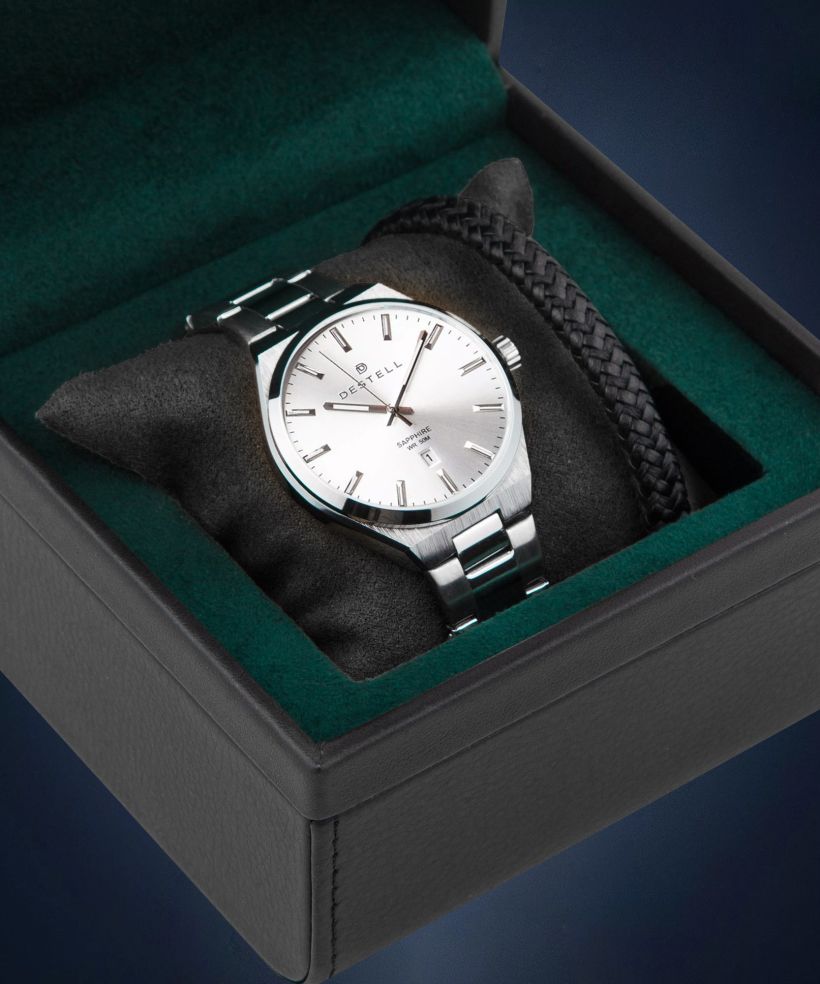 Hodinky pánske DESTELL Aries Full Silver Steel Sapphire Gift Set