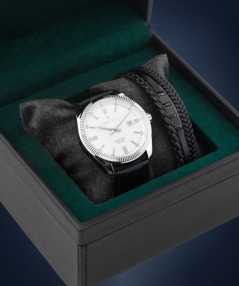 Hodinky pánske DESTELL Loup White Silver Black Leather Sapphire Gift Set