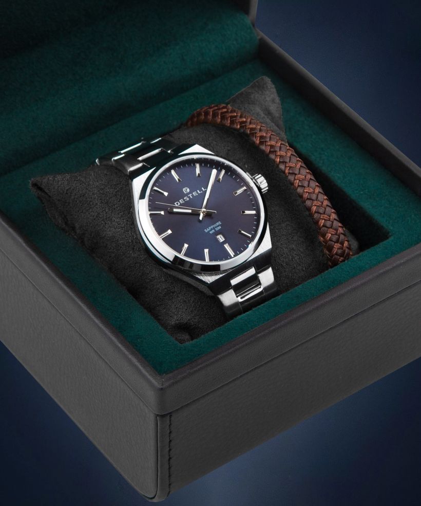 Hodinky pánske DESTELL Aries Navy Blue Silver Steel Sapphire Gift Set