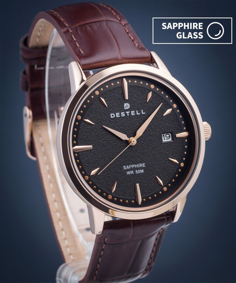 Hodinky pánske DESTELL Pictor Black Rose Gold Brown Leather Sapphire