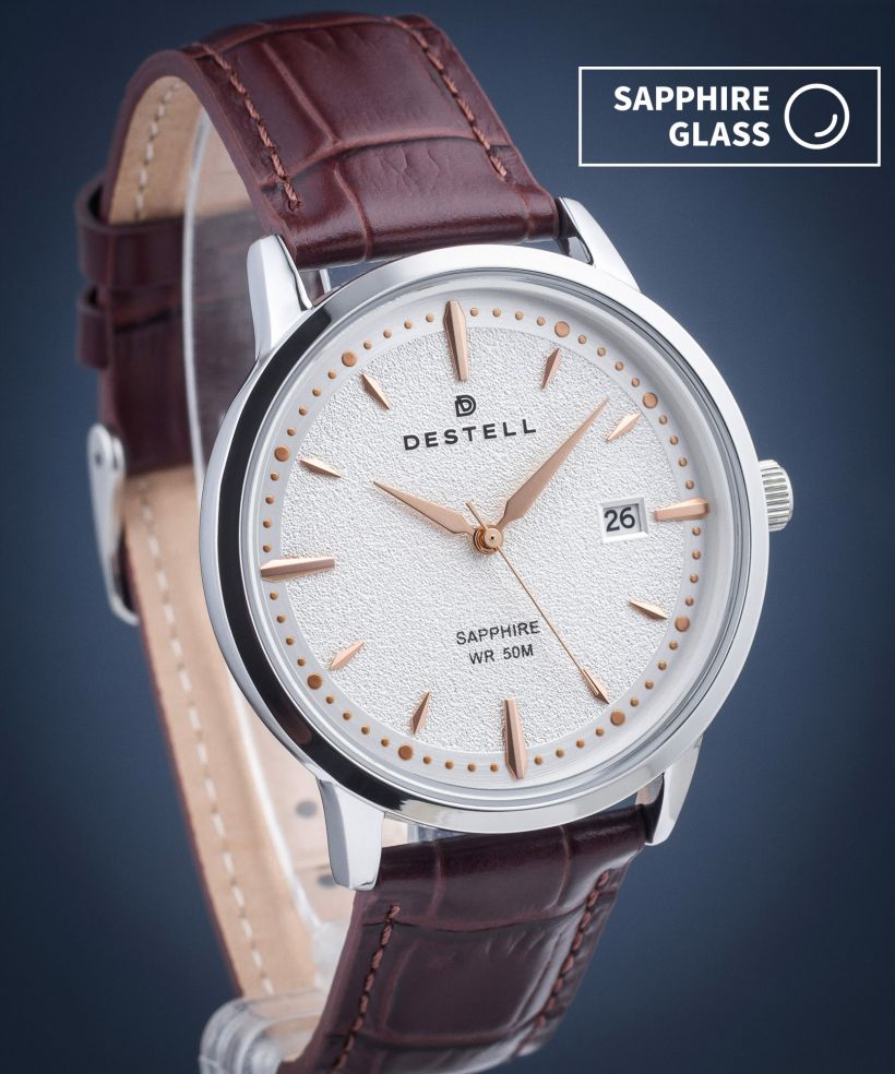 Hodinky pánske DESTELL Pictor Silver Brown Leather Sapphire