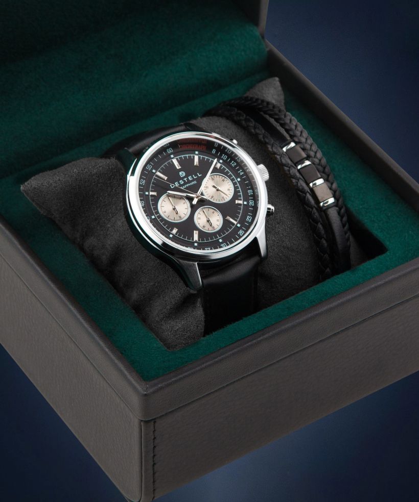 Hodinky pánske DESTELL Circinus Black Silver Leather Chronograph Sapphire Gift Set