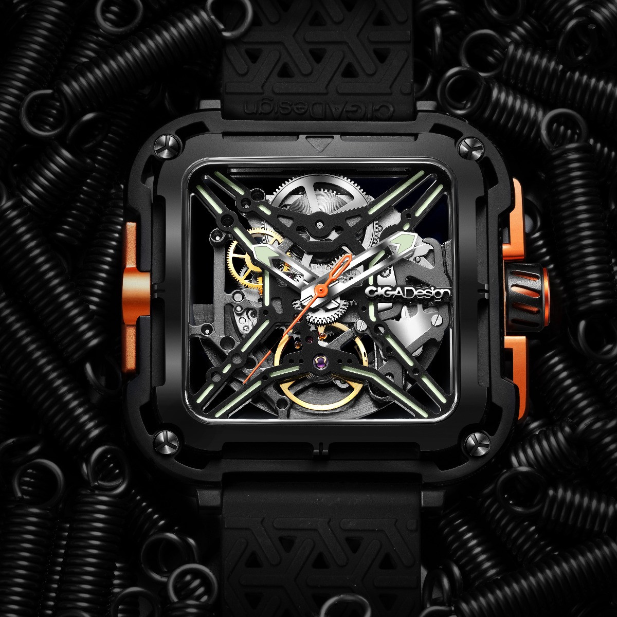 Hodinky Pánske Ciga Design X Series Gorilla Black & Orange Skeleton Automatic