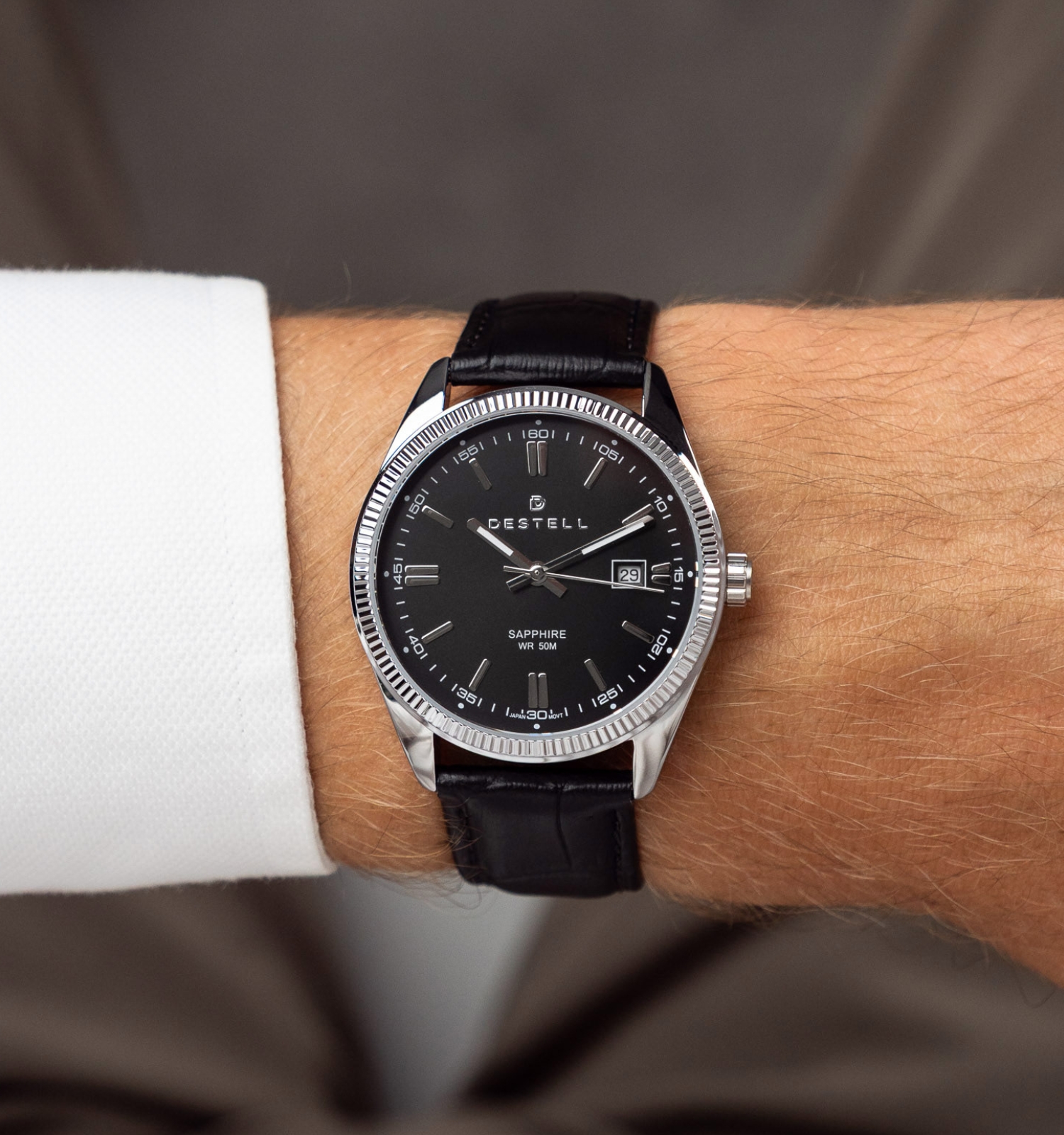 Hodinky pánske DESTELL Loup Black Silver Leather Sapphire