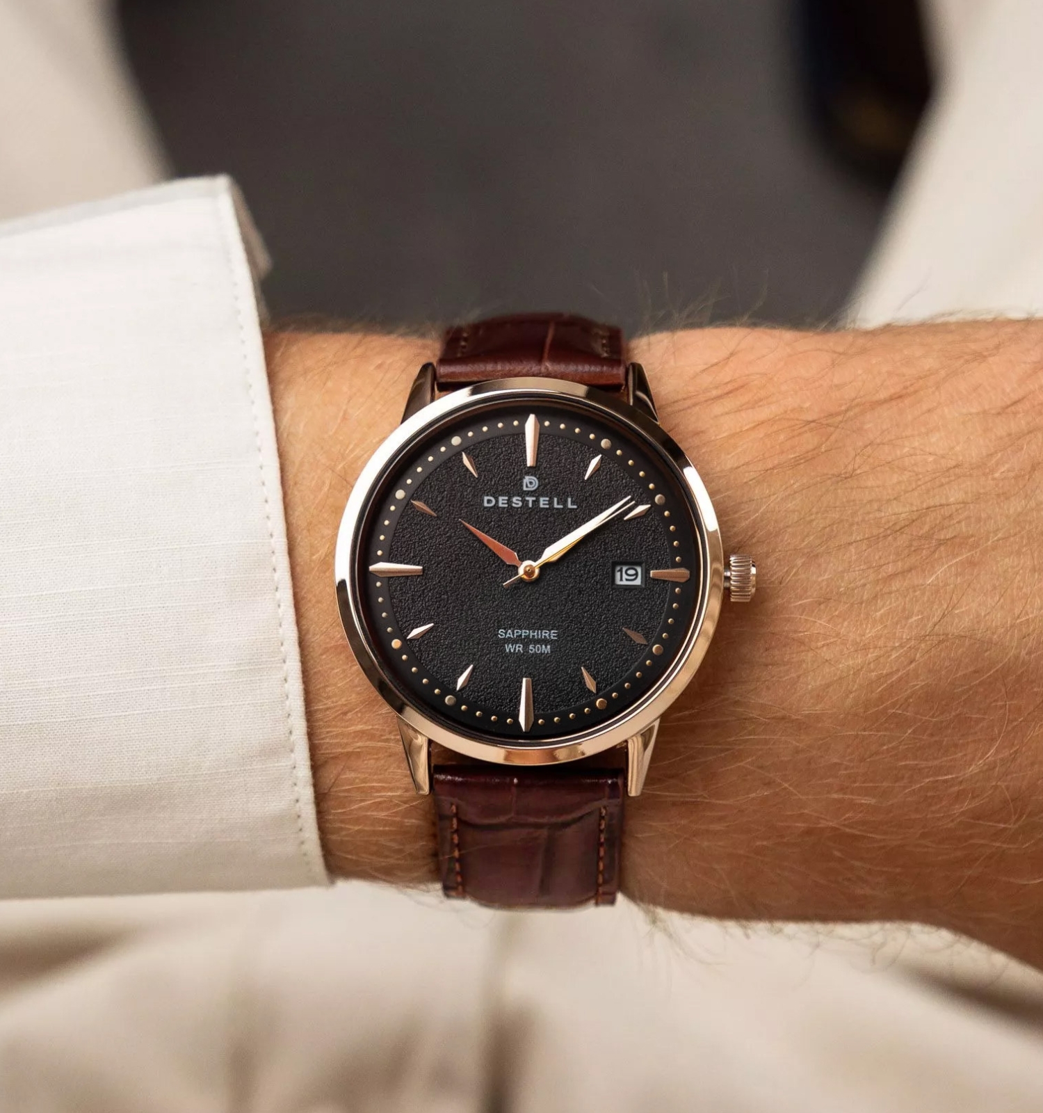 Hodinky pánske DESTELL Pictor Black Rose Gold Brown Leather Sapphire
